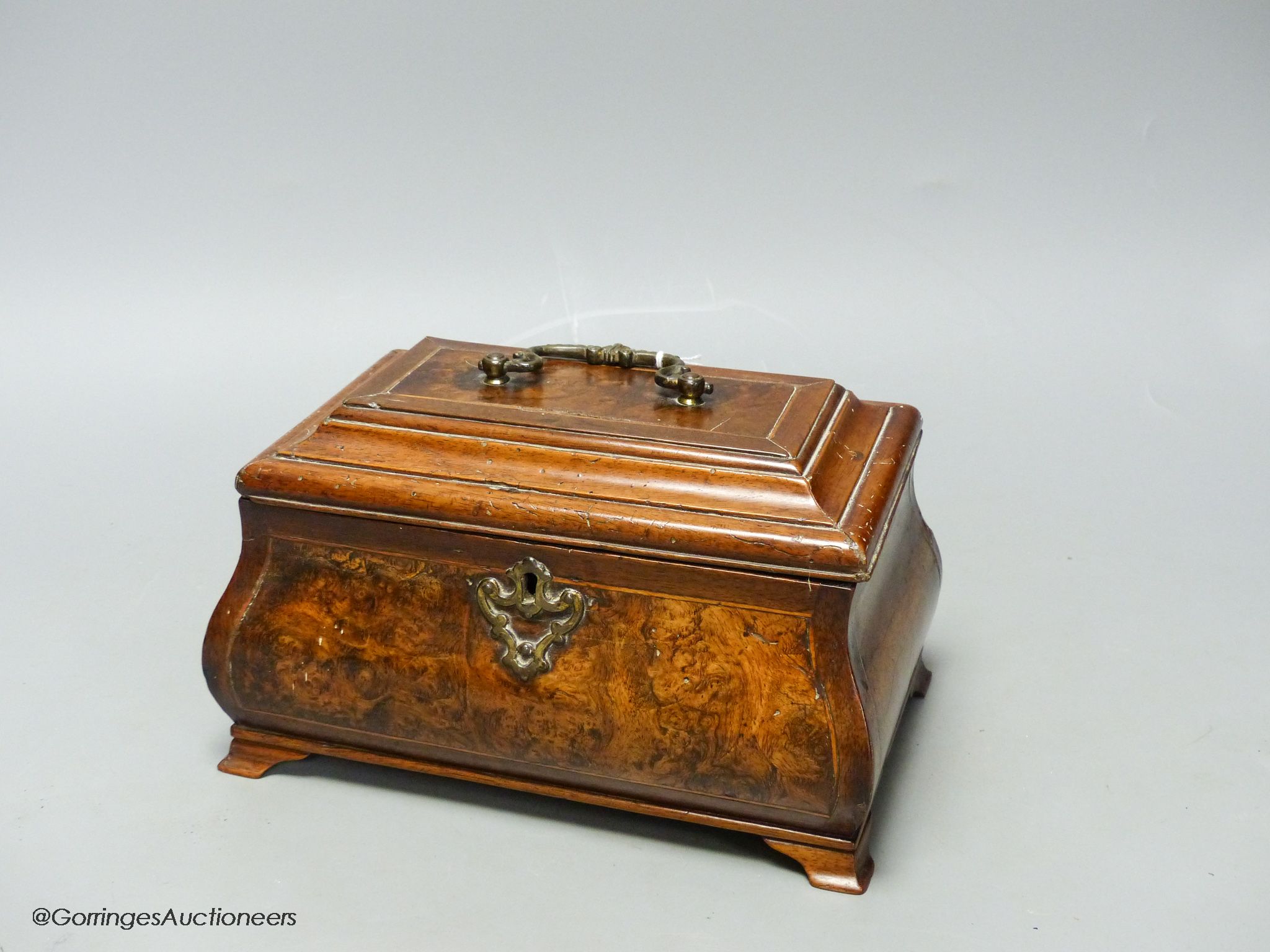 A George II walnut bombe tea caddy, with burr walnut panels, 22 x 13cm